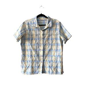 Bobbie Brooks Plus Size Embroidered Plaid Short Sleeve Pastel Button Down Shirt